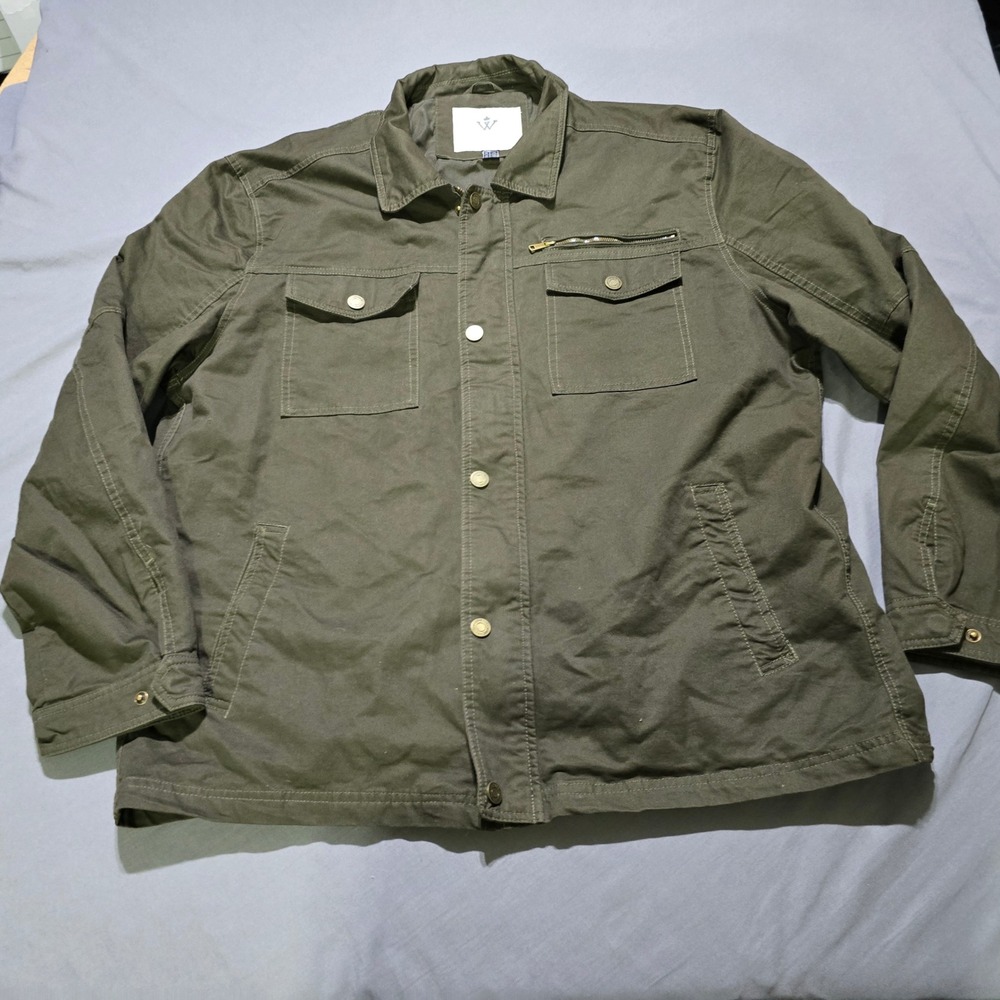 Wenven Military Jacket Men 3XL Green Cotton Canvas Full Zip Multi Pocket Utility